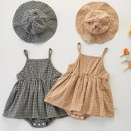 Newborn Baby Girls Jumpsuit+Hat Sleeveless Cotton Plaid Toddler Baby Girl Dress Romper Baby Girls Clothes For Summer