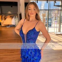 CustomizedCustomized Sheath Evening Dresses Navy Blue V-Neck Sexy Prom Gowns Beading Feather Spaghetti Strap Lace Party Dress