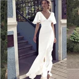 Simple Satin Wedding Dress V Neck Short Sleeve Backless Mermaid Bridal Gowns Front Split Floor Length Minimalist Robe De Noiva