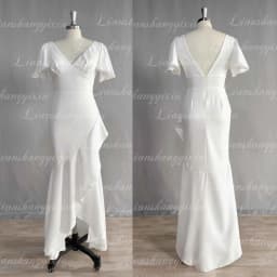 Simple Satin Wedding Dress V Neck Short Sleeve Backless Mermaid Bridal Gowns Front Split Floor Length Minimalist Robe De Noiva