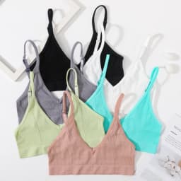 Women Ribbed V-Neck Wireless Bra Solid Color Knit Bralette Stretch Thin Straps Liner-Free No Chest Pads Lingerie Daily Intimates
