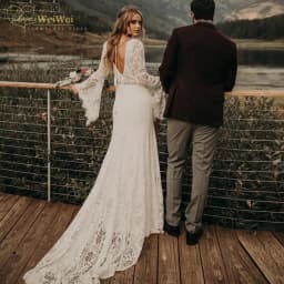 Elegant Bohemian Wedding Dress Deep A-Line V-Neck Court Train Long Flare Sleeve Backless Lace Sash Bride Gown Vestido De Noiva