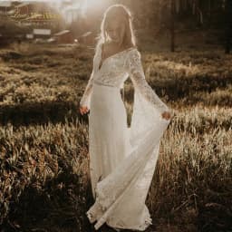 Elegant Bohemian Wedding Dress Deep A-Line V-Neck Court Train Long Flare Sleeve Backless Lace Sash Bride Gown Vestido De Noiva