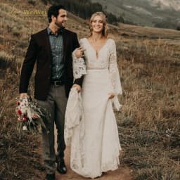 Elegant Bohemian Wedding Dress Deep A-Line V-Neck Court Train Long Flare Sleeve Backless Lace Sash Bride Gown Vestido De Noiva