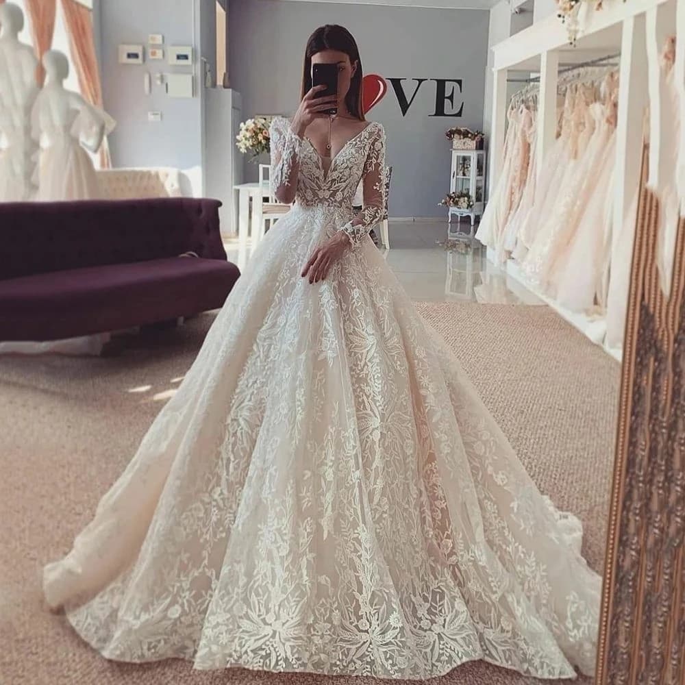 Gorgeous Women's Elegant Bridal Gowns Lace Tulle Applique Long Sleeve Ivory Princess Wedding Dresses 2023 Robe De Mariée Vestido