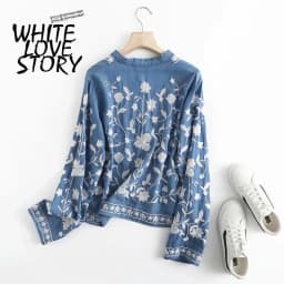 3/4 Sleeve Denim Shirt Women's Spring Summer Soft Jeans V Necks Floral Embroidery Blouses Thin Coat Tops New 2026 T35432M