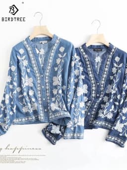 3/4 Sleeve Denim Shirt Women's Spring Summer Soft Jeans V Necks Floral Embroidery Blouses Thin Coat Tops New 2026 T35432M