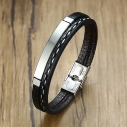 Vnox Unique Sew Lines Genuine Leather Bracelets for Men Women Stainless Steel Bar Layered Bangle Causal Pulseira