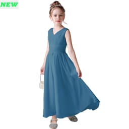 V Neck Sleeveless Girl Long Chiffon Maxi Dress Back Bow Kids Formal Gown Wedding Flower Girl Piano Recital Evening Party Costume