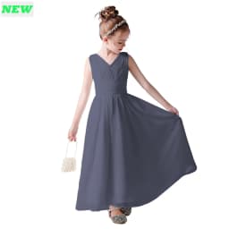 V Neck Sleeveless Girl Long Chiffon Maxi Dress Back Bow Kids Formal Gown Wedding Flower Girl Piano Recital Evening Party Costume