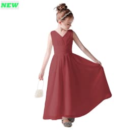 V Neck Sleeveless Girl Long Chiffon Maxi Dress Back Bow Kids Formal Gown Wedding Flower Girl Piano Recital Evening Party Costume