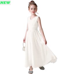 V Neck Sleeveless Girl Long Chiffon Maxi Dress Back Bow Kids Formal Gown Wedding Flower Girl Piano Recital Evening Party Costume