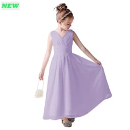 V Neck Sleeveless Girl Long Chiffon Maxi Dress Back Bow Kids Formal Gown Wedding Flower Girl Piano Recital Evening Party Costume