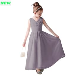 V Neck Sleeveless Girl Long Chiffon Maxi Dress Back Bow Kids Formal Gown Wedding Flower Girl Piano Recital Evening Party Costume