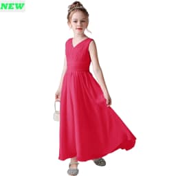 V Neck Sleeveless Girl Long Chiffon Maxi Dress Back Bow Kids Formal Gown Wedding Flower Girl Piano Recital Evening Party Costume
