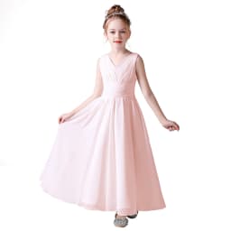 V Neck Sleeveless Girl Long Chiffon Maxi Dress Back Bow Kids Formal Gown Wedding Flower Girl Piano Recital Evening Party Costume