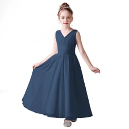 V Neck Sleeveless Girl Long Chiffon Maxi Dress Back Bow Kids Formal Gown Wedding Flower Girl Piano Recital Evening Party Costume
