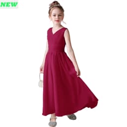 V Neck Sleeveless Girl Long Chiffon Maxi Dress Back Bow Kids Formal Gown Wedding Flower Girl Piano Recital Evening Party Costume