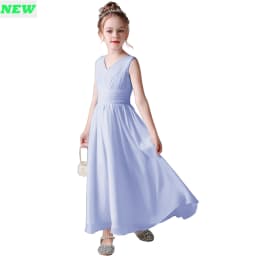 V Neck Sleeveless Girl Long Chiffon Maxi Dress Back Bow Kids Formal Gown Wedding Flower Girl Piano Recital Evening Party Costume
