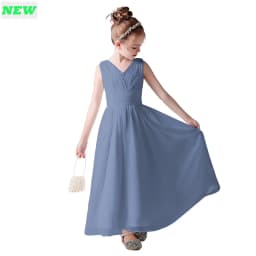 V Neck Sleeveless Girl Long Chiffon Maxi Dress Back Bow Kids Formal Gown Wedding Flower Girl Piano Recital Evening Party Costume