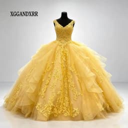 Customized Yellow Quinceanera Dresses 2025 V Neck Lace Appliques Sweet 16 Dress with Bow Birthday Ball Gown Vestidos De 15 Anos