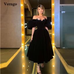 Verngo Black Velvet Prom Dresses Lace Off the Shoulder Evening Dress Ankle Length Women Party Prom Gowns
