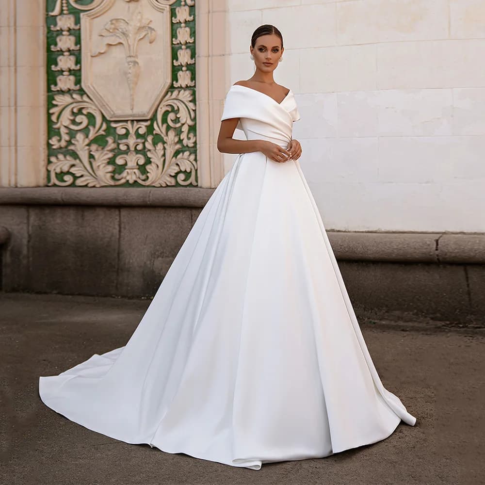 Jiayigong Gorgeous Ball Gown Wedding Dresses Customized Off Shoulder V Neck Simple Satin Sweep Train Corset Bridal Dress