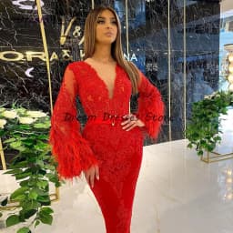 V-Neck Fashion Full Sleeve Straight Evening Dresses Custom Tea-Length Feathers Applique Women's Dress Spring Vestidos De Fiest