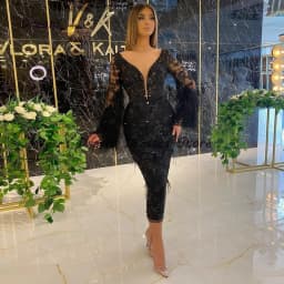 V-Neck Fashion Full Sleeve Straight Evening Dresses Custom Tea-Length Feathers Applique Women's Dress Spring Vestidos De Fiest