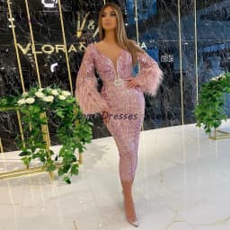 V-Neck Fashion Full Sleeve Straight Evening Dresses Custom Tea-Length Feathers Applique Women's Dress Spring Vestidos De Fiest