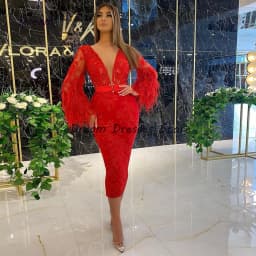 V-Neck Fashion Full Sleeve Straight Evening Dresses Custom Tea-Length Feathers Applique Women's Dress Spring Vestidos De Fiest