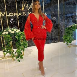 V-Neck Fashion Full Sleeve Straight Evening Dresses Custom Tea-Length Feathers Applique Women's Dress Spring Vestidos De Fiest