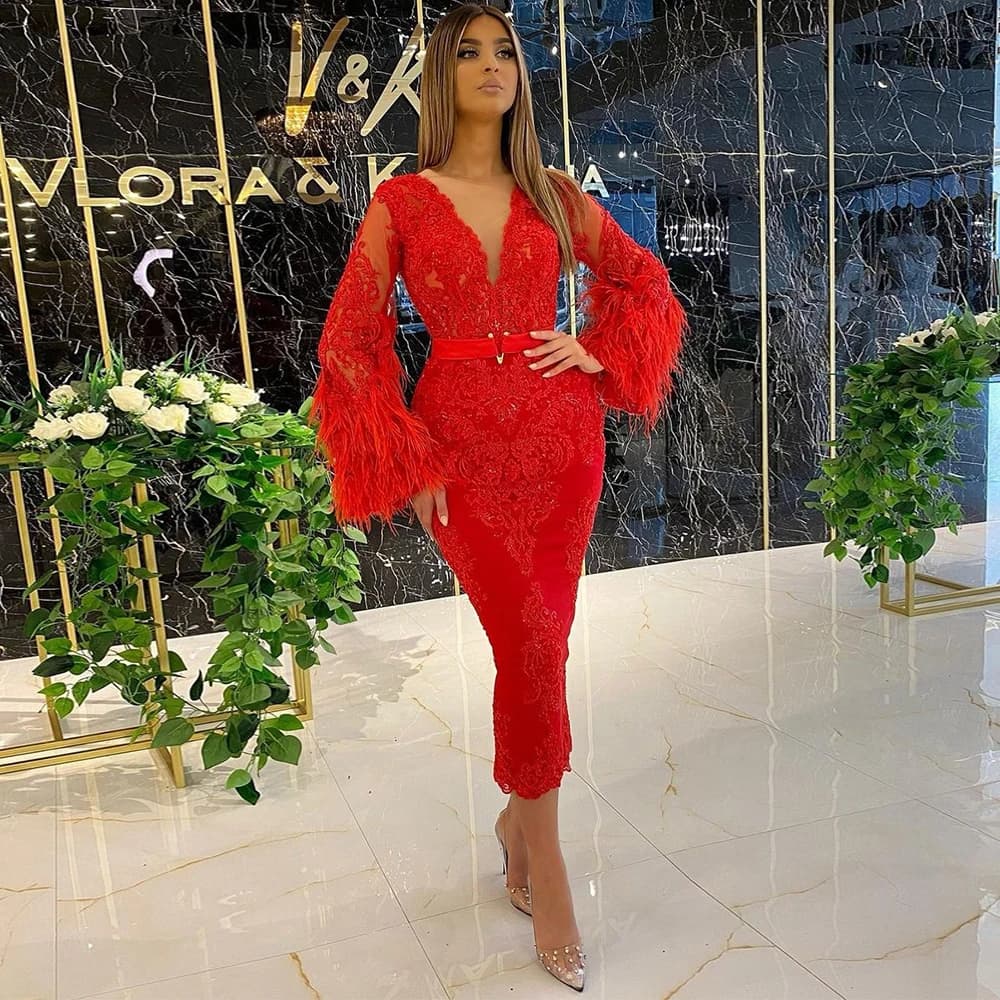 V-Neck Fashion Full Sleeve Straight Evening Dresses Custom Tea-Length Feathers Applique Women's Dress Spring Vestidos De Fiest