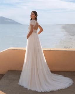 Plus Size Elegant Wedding Dresses V Neck Short Sleeves Lace And Tulle Empire Keyhole Back Beach Bridal Gowns Pregnant Customized