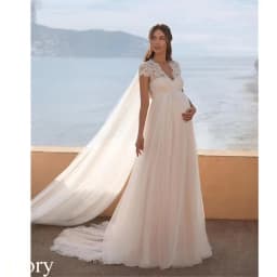 Plus Size Elegant Wedding Dresses V Neck Short Sleeves Lace And Tulle Empire Keyhole Back Beach Bridal Gowns Pregnant Customized