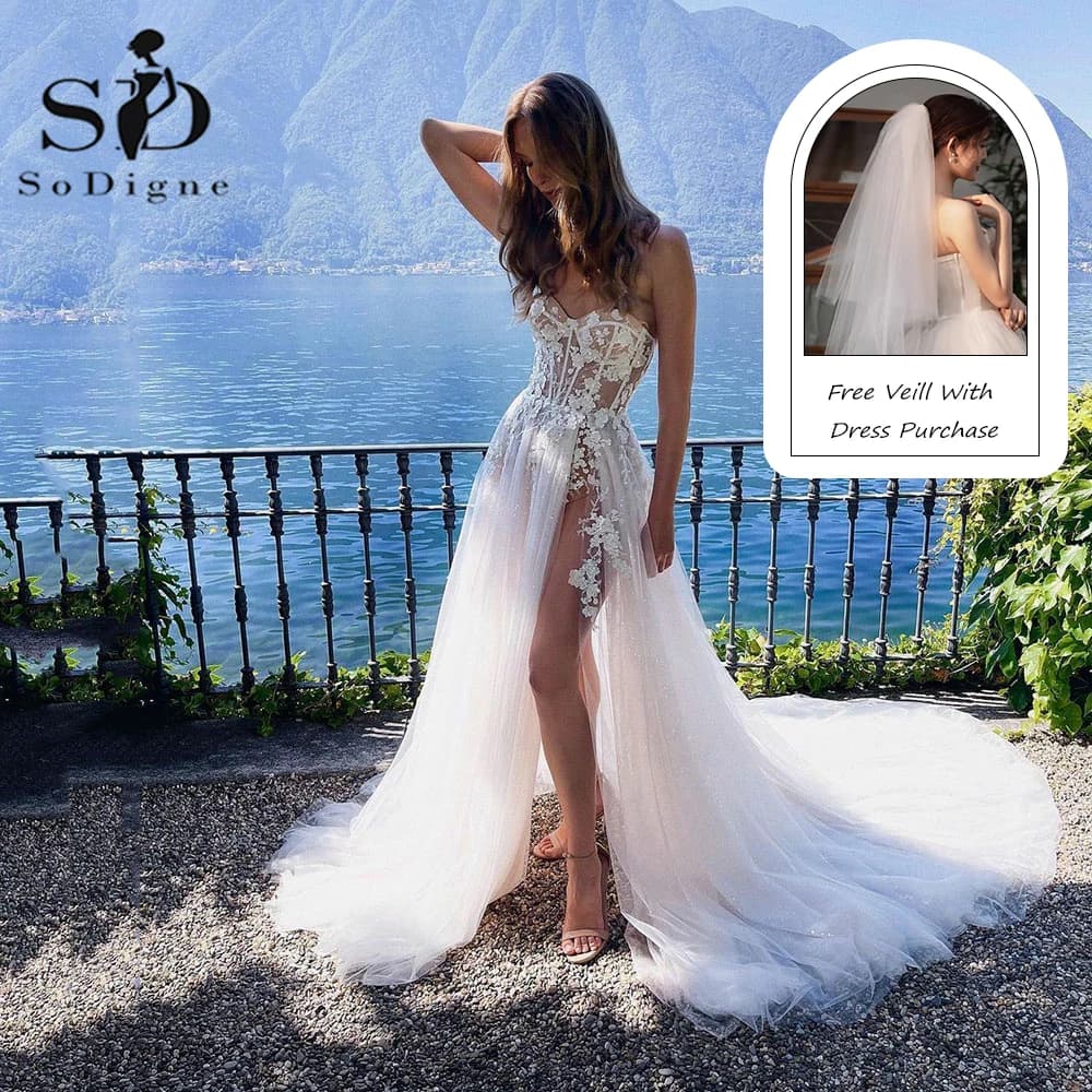 SoDigne Boho Wedding Dresses Glitter Tulle Lace Appliques A-Line Side Split Wedding Gown Sweetheart Customized Bridal Gown