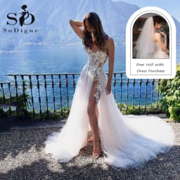 SoDigne Boho Wedding Dresses Glitter Tulle Lace Appliques A-Line Side Split Wedding Gown Sweetheart Customized Bridal Gown