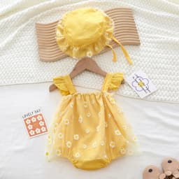 Summer Baby Girl Clothing Infant Baby Girls Jumpsuit+Hat Fly Sleeve Cotton Printing Mesh Splicing Toddler Baby Girl Romper