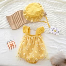 Summer Baby Girl Clothing Infant Baby Girls Jumpsuit+Hat Fly Sleeve Cotton Printing Mesh Splicing Toddler Baby Girl Romper