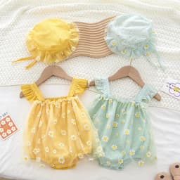 Summer Baby Girl Clothing Infant Baby Girls Jumpsuit+Hat Fly Sleeve Cotton Printing Mesh Splicing Toddler Baby Girl Romper