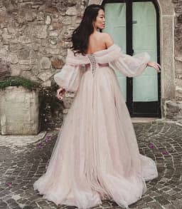 Bafftafe Customized Pink Shiny Tulle Prom Dresses Off Shoulder Long Puff Sleeve Evening Party Gowns Slit Women Wedding Dress