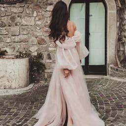 Bafftafe Customized Pink Shiny Tulle Prom Dresses Off Shoulder Long Puff Sleeve Evening Party Gowns Slit Women Wedding Dress