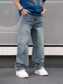 Men'S Casual Straight Wash Jeans - Light Blue, Loose Fit, Oblique Pocket, Comfortable Blend, Suitable For Casual Wear
