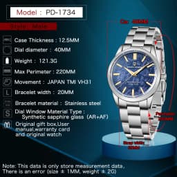PAGANI DESIGN Men's 40mm Stainless Steel Quartz Watch, Blue Dial, Sapphire Crystal, VH31 Movement, 100m Water Resistant PD-1734