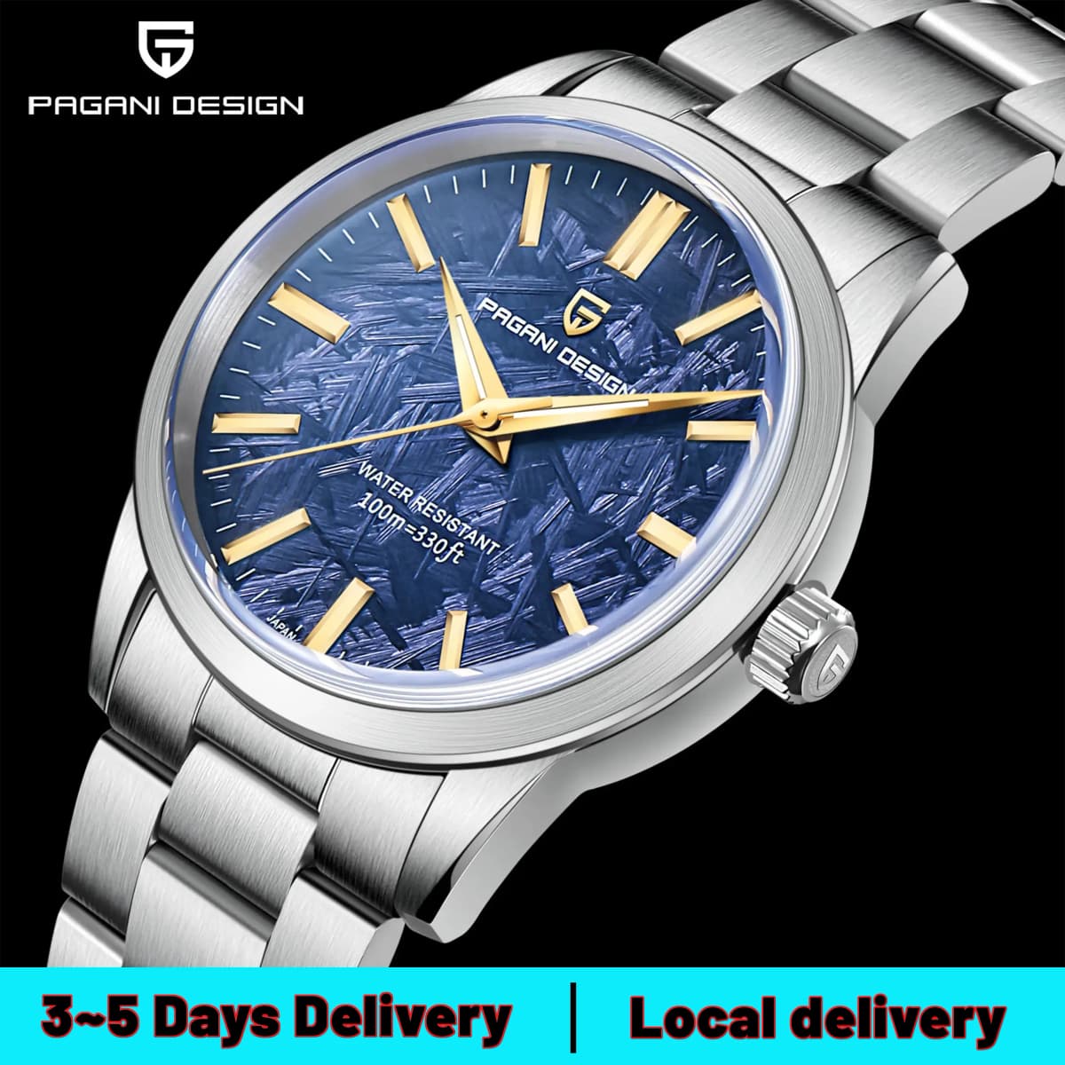 PAGANI DESIGN Men's 40mm Stainless Steel Quartz Watch, Blue Dial, Sapphire Crystal, VH31 Movement, 100m Water Resistant PD-1734