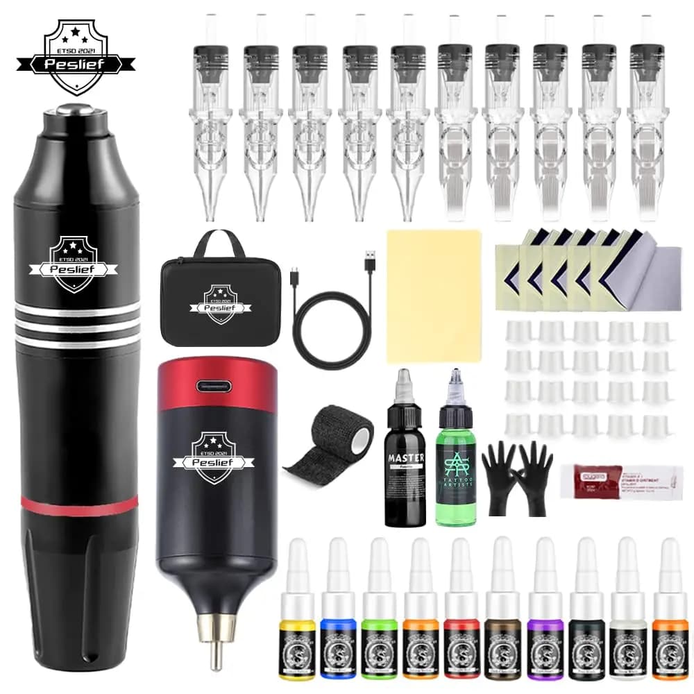 New 55 Pcs Tattoo Gun Kit Rotary Complete Tattoo Kit with Power Supply Mix 10 Piece Cartridge Needle for Beginners and Artists