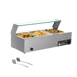 SucceBuy Commercial Food Warmer Electric Stainless Steel Steam Food Warmer with Glass Cover 3-Pan Countertop Buffet Bain Marie