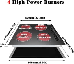 Karinear 4 Burners Electric Cooktop, 24 Inch Built-in, 220-240v, 6000W, Knob Control, Residual Heat Indicator,Hard Wire(No Plug)