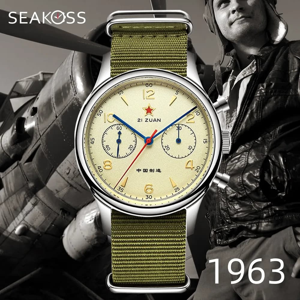 Seakoss Men 1963 Chronograph 38mm 40mm Acrylic Sapphire Glass Luminous Seagull ST1901 Movement Pilot Aviation Mechanical Watches