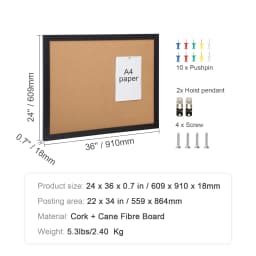 SucceBuy Cork Board 36x24/24x18 in Bulletin Board W/ MDF Sticker Frame Vision Board Includes 10 Pushpins for Display and Decoration